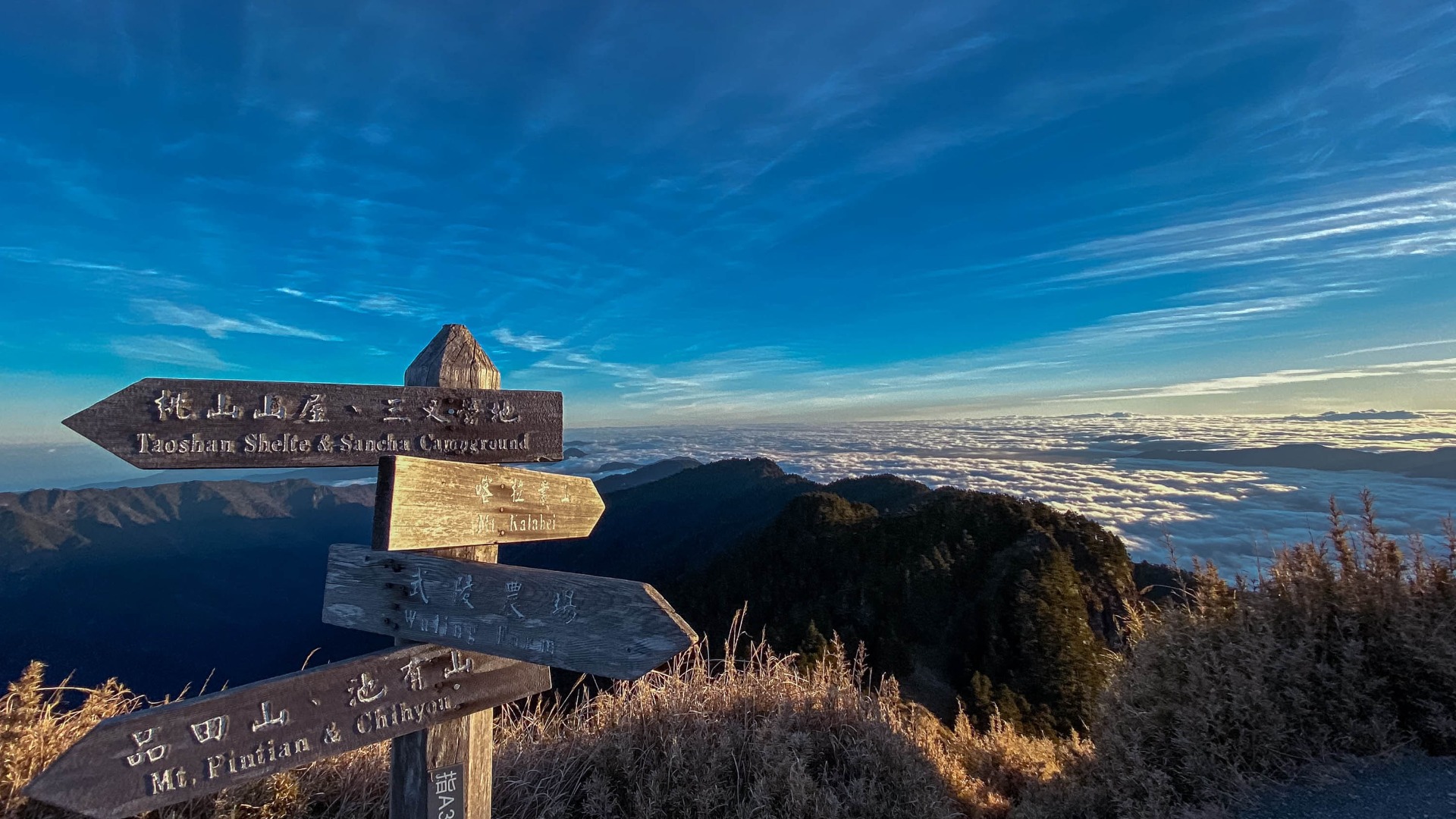 立於桃山山頂的指示牌,所有指示之地我們都去過了(歡呼)