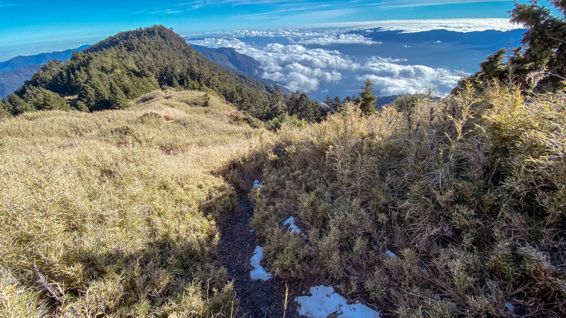 喀拉業山(左上),山徑多位處山陰,雖較桃山為矮,竟還偶保有疏落殘雪。